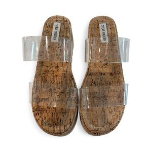 Steve Madden Women’s Defuse Clear Vinyl Straps Cork Wedge Platform Size 9.5M